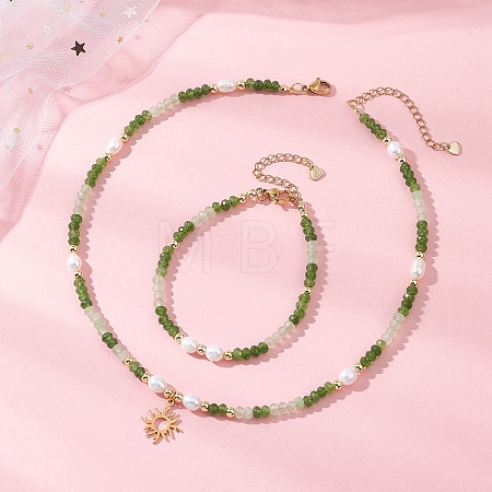 Dyed Natural Malaysia Jade & Natural Cultured Freshwater Pearl Bead Bracelets & Necklaces Sets SJEW-JS01373-02-1