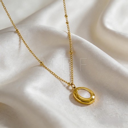 Natural Shell 304 Stainless Steel Oval Pendant Necklaces for Women WGF4A65-01-1