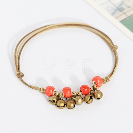 Alloy Bell & Porcelain Bead Charm Wax Cord Adjustable Anklets FS-WG54FA9-02-1