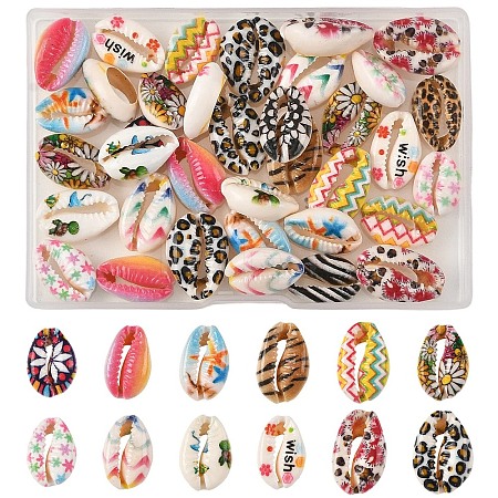 36Pcs 12 Styles Printed Natural Cowrie Shell Beads SHEL-YW0001-26-1