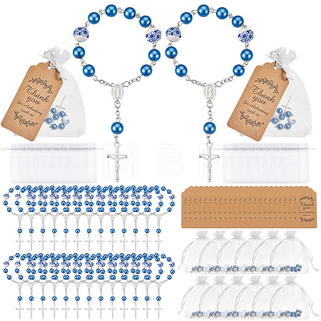 50Pcs Plastic Imitation Pearl and Porcelain Round Link Metal Virgin Cross Charm Rosary Bracelets BJEW-WA0001-07A-1