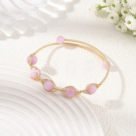 Natural Kunzite Horse Eye Herringbone Wire-Wrapped Open Cuff Bangles BJEW-JB14460-1