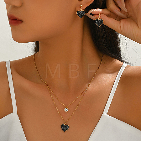Stainless Steel Micro Pave Cubic Zirconia Stud Earrings & Pendant Double Layer Necklaces Sets for Women RT8932-1