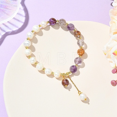 Round Natural Lodolite Quartz & Cultured Freshwater Pearl Beaded Charm Bracelets BJEW-JB14061-03-1