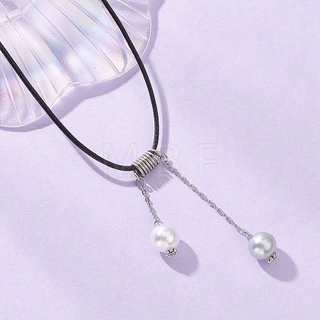 ABS Plastic Imitation Pearl Round Tassel Pendant Black Waxed Polyester Cord Necklaces for Women NJEW-JN05610-01-1