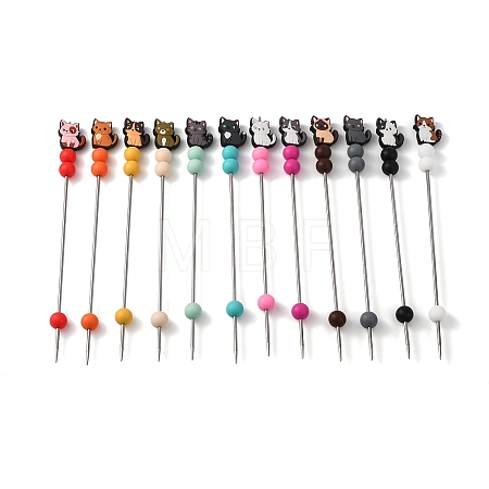 12Pcs 12 Styles Silicone Cat Shape Bead with Stainless Steel Knitting Needles AJEW-ME00026-1