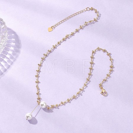 White Round Shell Pearl Pendant Brass Oval Link Chain Necklaces for Women NJEW-JN05695-1