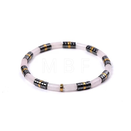 Bohemian Natural Rose Quartz & Golden Synthetic Non-magnetic Hematite Beaded Stretch Bracelets for Women NY1304-2-1