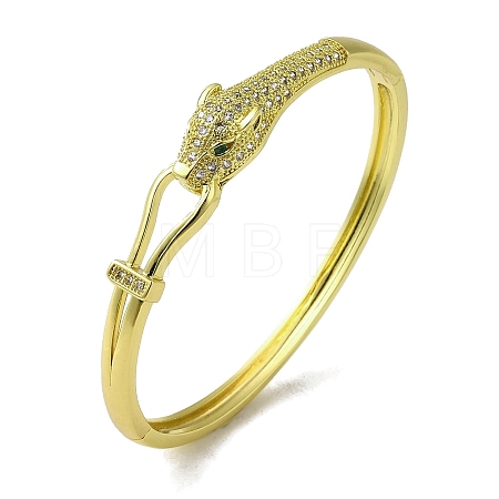 Brass Pave Clear & Green Cubic Zirconia Leopard Hinged Bangle for Women BJEW-K246-21C-G-1