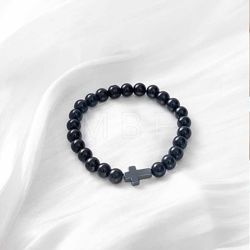 Round Natural Dyed & Heated Black Agate Beaded Stretch Bracelets SA8738-4-1