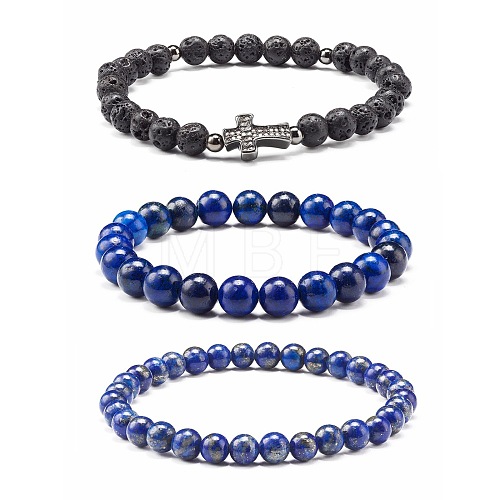 Natural Lapis Lazuli(Dyed) & Lava Rock Round Beads Stretch Bracelets Set BJEW-JB06982-03-1