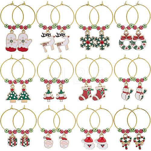 24Pcs 12 Styles Christmas Tree & Snowflake & Sock & Santa Claus Alloy Enamel Dangle Wine Glass Charms with Glass Pearl AJEW-BC0003-12-1
