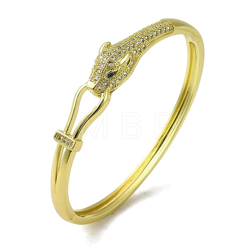 Brass Pave Clear & Green Cubic Zirconia Leopard Hinged Bangle for Women BJEW-K246-21C-G-1