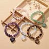 Gemstone Round Beaded Stretch Bracelet with Heart Charm for Women BJEW-JB09019-2