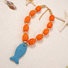 Bohemian Dyed Natural Lava Rock Dodger Blue Fish Shaped Pendant Resin Barrel Beaded Necklaces with Alloy End Chains for Women WGC0D2D-01-4
