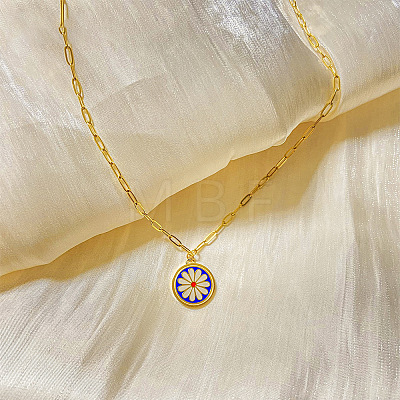 303 Stainless Steel Enamel Flat Round with White Flower Pendant Necklaces for Women FS-WGC7F5D-01-1