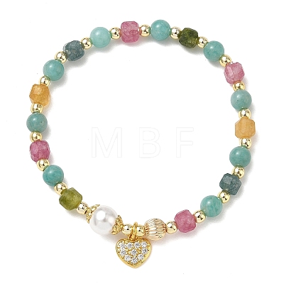 Brass Micro Pave Clear Cubic Zirconia Charm Natural Amazonite Round and Faceted Cube Multicolor Tourmaline Beaded Stretch Bracelets for Women BJEW-JB14378-03-1
