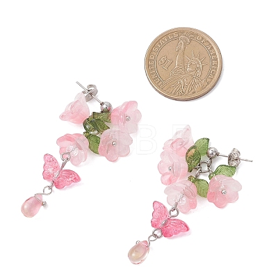 Flower with Butterfly Glass & Acrylic Dangle Stud Earrings EJEW-TA00788-1