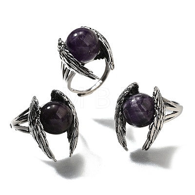 Natural Amethyst Wings Adjustable Rings RJEW-K241-04AS-08-1