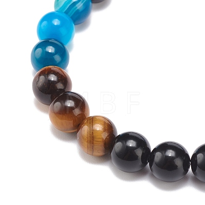 Natural Agate & Tiger Eye & Black Onyx Round Beaded Stretch Bracelet BJEW-JB08400-02-1