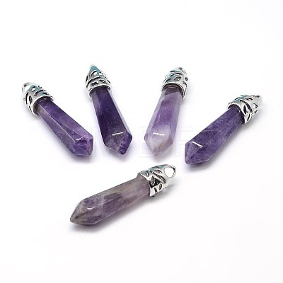 Bullet Platinum Plated Alloy Natural Amethyst Pointed Pendants G-F228-06F-RS-1