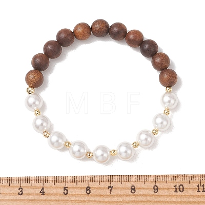 Shell Pearl & Sandalwood Beaded Stretch Bracelets for Women BJEW-TA00728-1