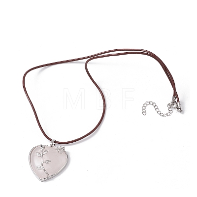 Natural Rose Quartz Heart Pendant Necklace with Cowhide Leather Cords NJEW-JN04598-02-1