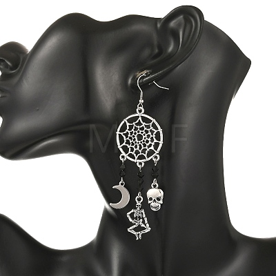 Halloween 304 Stainless Steel & Alloy & Glass Skull & Skeleton & Moon Dangle Earrings EJEW-TA00831-1