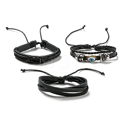 3Pcs 3 Style Adjustable Braided Imitation Leather Cord Bracelet Sets BJEW-F458-02-1