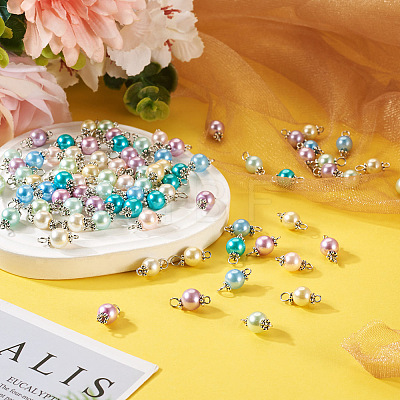 90Pcs 9 Colors Pearlized Glass Pearl Connector Charms PALLOY-TA0002-49A-1