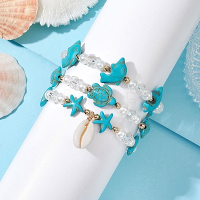 3Pcs Synthetic Turquoise & Natural Cowrie Shell Charm Bracelet Sets BJEW-JB09868-1