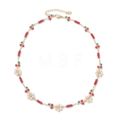 Natural Cultured Freshwater Pearl Beaded Flower and Brass Enamel Cherry Link Chain Necklaces NJEW-JN06292-1