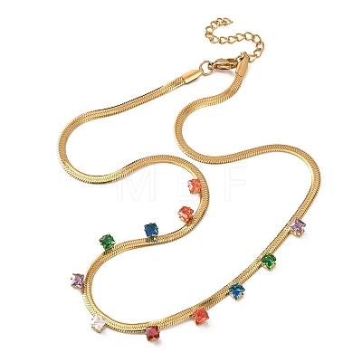 304 Stainless Steel Flat Snake Chain Necklaces with Square Cubic Zirconia NJEW-P355-02G-02-1