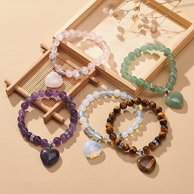 Gemstone Round Beaded Stretch Bracelet with Heart Charm for Women BJEW-JB09019-1