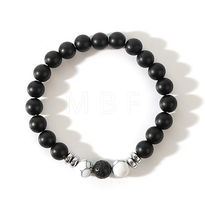 Round Natural Matt Black Onyx Beaded Stretch Bracelets for Men UV1347-2-1