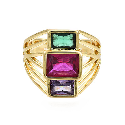 Colorful Cubic Zirconia Triple Rectangle Open Cuff Ring X-RJEW-N037-013-02LG-1