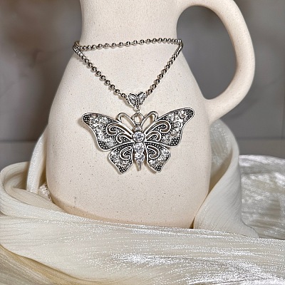European Style Vintage Alloy Rhinestone Butterfly Pendant Ball Chain Necklaces for Women YE8712-1-1