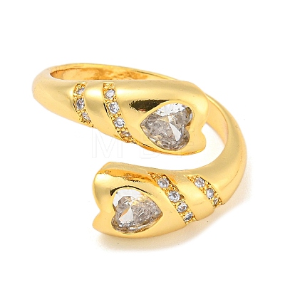Brass Micro Pave Clear Cubic Zirconia Heart Open Cuff Rings for Women RJEW-L121-040G-1