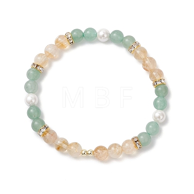Natural Green Aventurine & Citrine & Shell Pearl Round Beads Stretch Bracelets for Women BJEW-JB12229-01-1