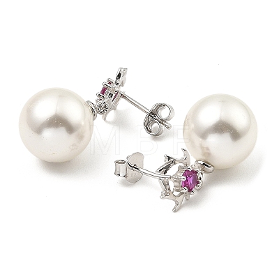 Shell Pearl Round Dangle Stud Earrings with Cubic Zirconia EJEW-Z024-05P-1