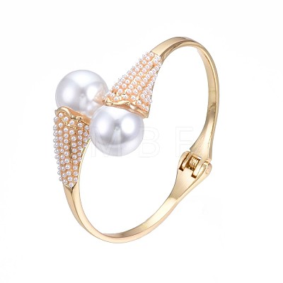 ABS Plastic Pearl Round Beaded Open Cuff Bangle BJEW-S118-107G-1