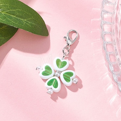Clover Plastic with ABS Plastic Imitation Pearl Pendant Decorations HJEW-JM04655-1