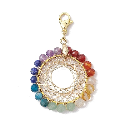 Copper Wire Wrapped 7 Chakra Natural Gemstone Ring Pendant Decorations HJEW-TA00208-1