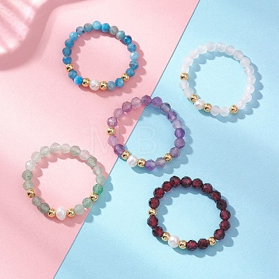 Natural Mixed Gemstone & Pearl Bead Finger Rings for Women RJEW-JR00965-1