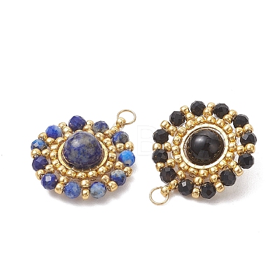 Natural Mixed Gemstone Faceted Round & Gold Glass Seed Beaded Pendants PALLOY-MZ01323-1