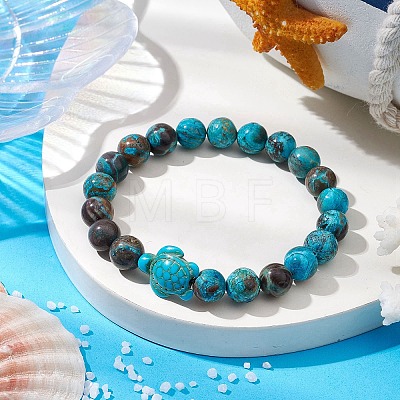 Summer Beach Turtle Dyed Synthetic Turquoise & Round Ocean Jasper Beaded Stretch Bracelets for Women BJEW-JB10937-01-1