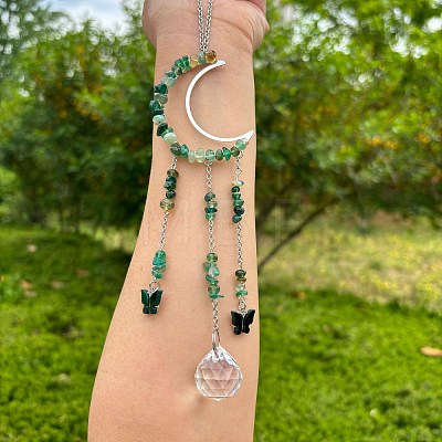 Wire Wrapped Natural Green Onyx Agate Chips & Metal Moon Hanging Ornaments PW-WG7025F-04-1