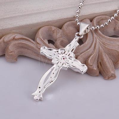 Simple Silver Color Plated Brass Cubic Zirconia Cross Pendant Unisex Necklaces NJEW-BB12827-1
