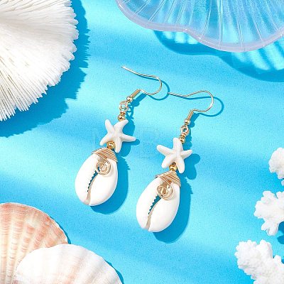 Starfish Brass with Synthetic Turquoise & Cowrie Shell Dangle Earrings EJEW-JE06141-02-1