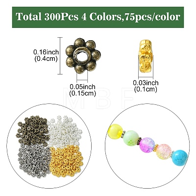 300Pcs 4 Colors Tibetan Style Alloy Daisy Spacer Beads FIND-YW0004-32-1